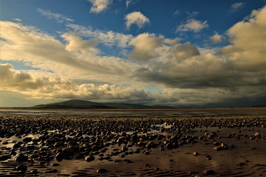 View from Roanhead showing Duddon Estuary and Black Combe in Sandscale Haws National Nature Reserve near sunset