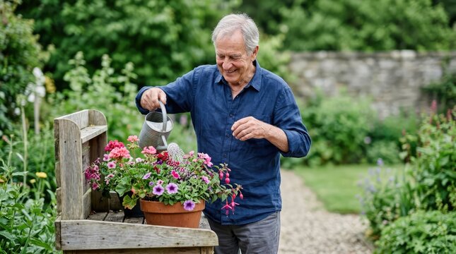 An elderly man happily watering a pot of blooming flowers in a beautiful garden. He is smiling and dressed in a blue shirt, surrounded by lush greenery and a stone wall in the background.