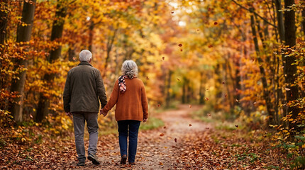 Obraz premium Senior couple strolling together along a picturesque forest trail adorned with vibrant autumn leaves