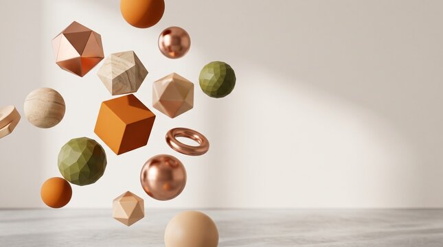Abstract composition of floating 3d geometric shapes in autumn tones including metallic bronze wood texture and matte orange spheres with copy space