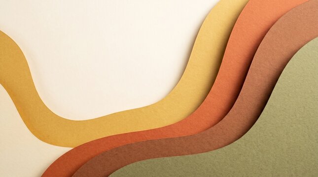 Abstract paper cut background with wavy layers in autumn tones of yellow orange brown and green with copy space