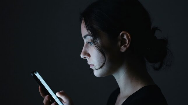 Young woman engrossed in her smartphone at night, illuminated by the screen's glow. The dark, atmospheric setting emphasizes her focus