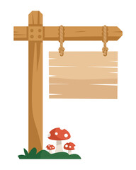 Fototapeta premium Wooden signpost with blank plank and three red spotted mushrooms on green grass