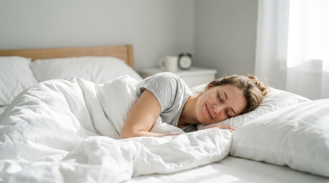 Happy Young Woman Sleeping Peacefully on White Bed in Bright Minimal Bedroom with Natural Sunlight