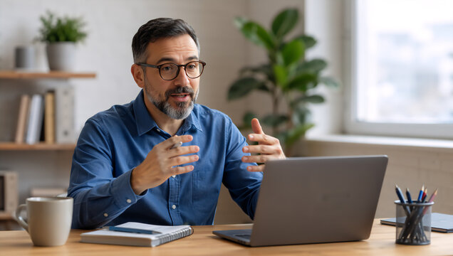 Man teacher talking on laptop during online lesson. Expert giving virtual webinar in home office. Digital education and remote learning concept for new school year distance instruction.