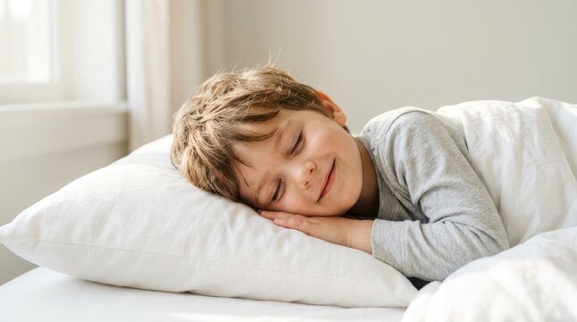 Happy Little Boy Sleeping Peacefully on White Bed in Bright Bedroom with Natural Sunlight