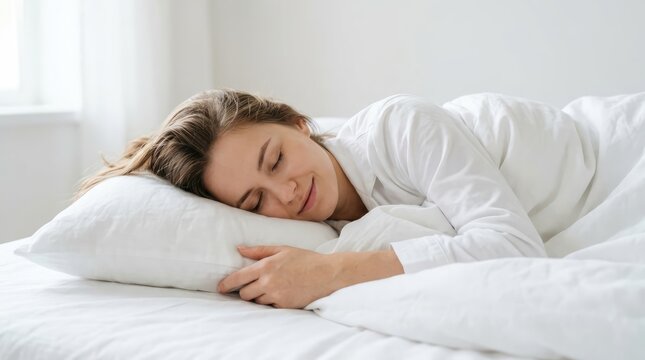 Happy Young Woman Sleeping Peacefully on White Bed in Bright Minimal Bedroom with Natural Sunlight