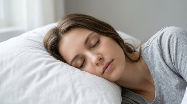 A young woman peacefully sleeping on a soft pillow in bed, enjoying a calm moment of rest and relaxation at home.