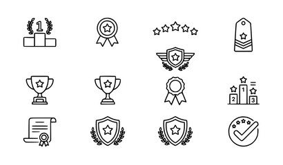 Fototapeta premium Ranking and Achievement Linear Icon Set with First Place Medal Star Rating and Military Honor Vector