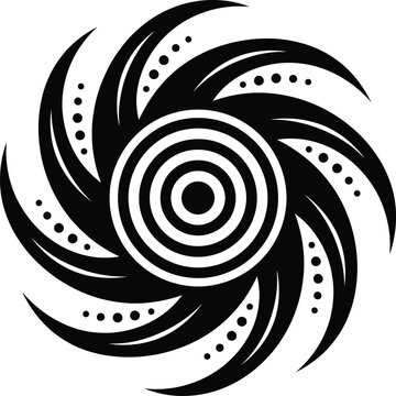 Black and white circular tribal pattern with concentric circles and dots abstract