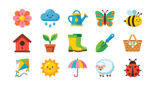 Springtime vector icon set, colorful nature and garden elements, cute seasonal illustrations for kids' designs and educational materials, flat cartoon style graphics