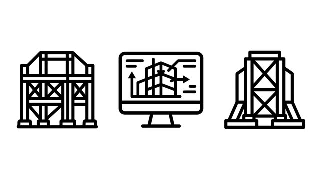 Industrial construction and computer aided design icons for engineering projects with construction engineering industrial computer software blueprint architecture building structure framework
