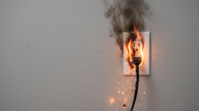 Electrical outlet sparks and smoke indicate dangerous short circuit hazard