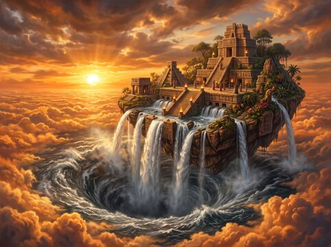 Mayan Temple Above Whirlpool