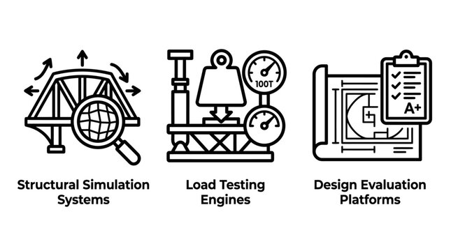 Structural simulation load testing design evaluation technical icons set with structural simulation evaluation engineering analysis platform blueprint technical software development research