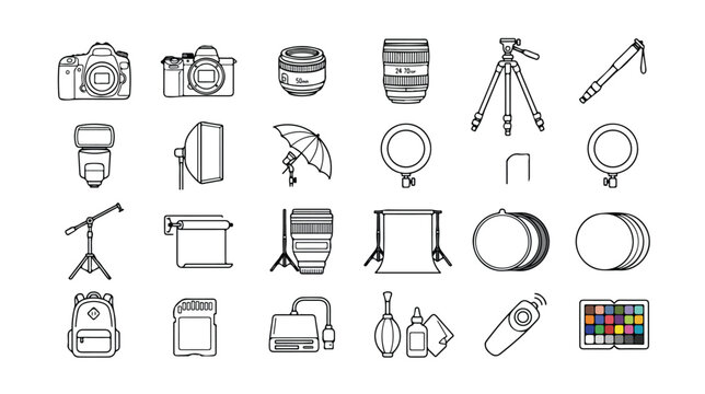 Photography studio equipment vector icons, professional camera gear and accessories, essential photo shoot tools, black and white line art collection for creative projects