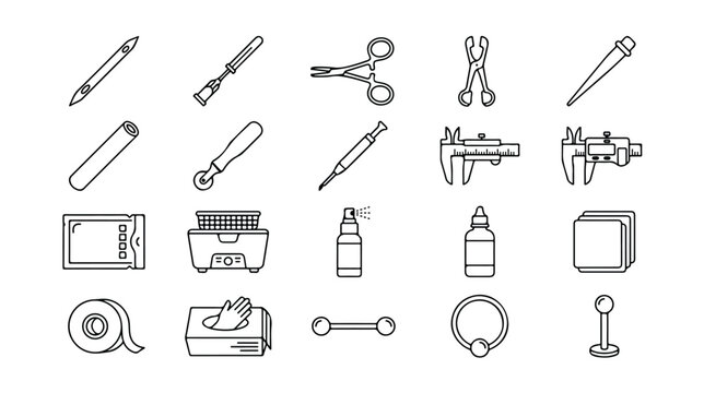Professional piercing studio tools and equipment, a comprehensive vector icon set for body modification businesses, tattoo parlors, and beauty salons