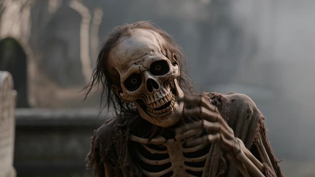 Sinister skeleton in tattered robe walking through ancient foggy cemetery. Creepy undead creature among old tombstones and graves. Atmospheric horror Halloween stock footage.
