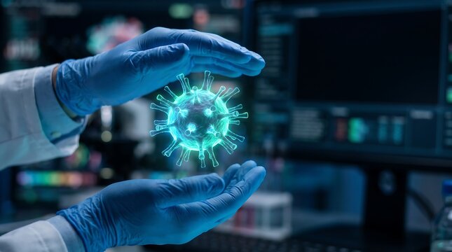 Scientist in gloved hands holding a glowing holographic virus cell model in a dark lab setting