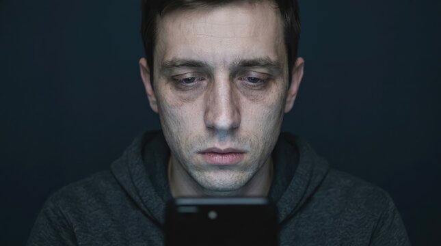 A man with tired eyes looking down at his phone, illuminated by its screen
