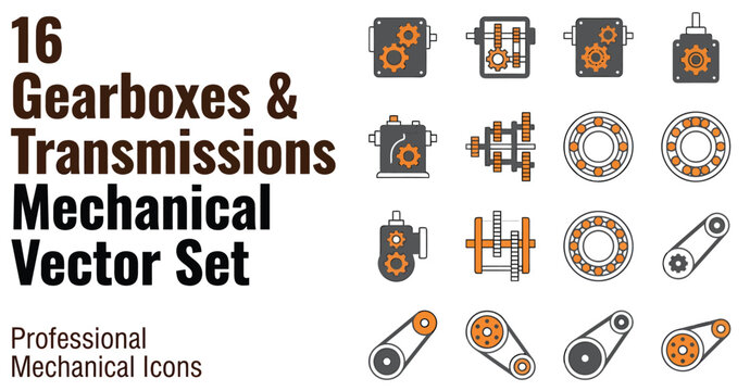Mechanical Gearboxes and Transmission Vector Icons for Engineering and Industry Design