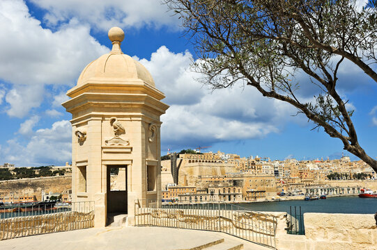 Gardjola at Senglea overlooking Valletta and the Grand Harbour in Malta