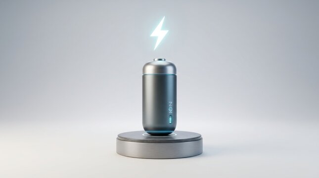 Peak Energy Storage Battery for Grid Resilience, A sleek, modern battery or power cell charges wirelessly on a pad, with a glowing lightning bolt symbol.