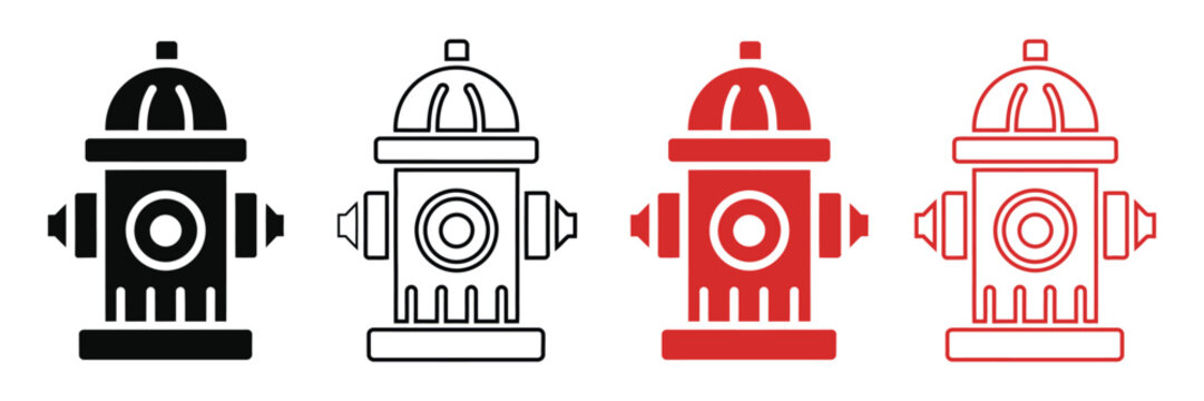 Fire hydrant icon set with silhouette water hydrant symbols for fire safety, emergency equipment, firefighting and utility vector illustration