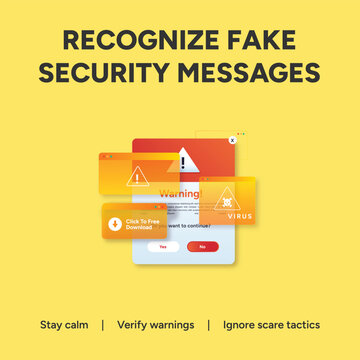 Cybersecurity awareness banner to recognize fake security messages, phishing scam warning popups, digital virus alert vector illustration