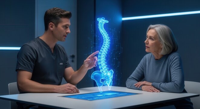 Doctor uses futuristic holographic display of spine to explain diagnosis to elderly female patient in modern medical setting.