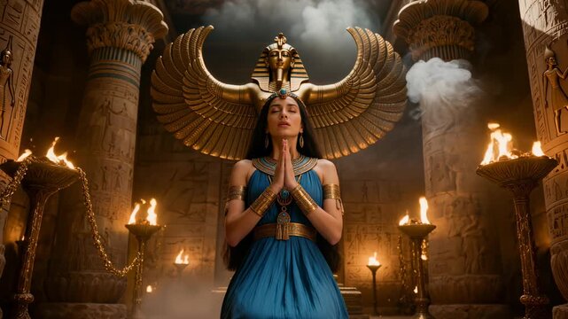 Beautiful Egyptian priestess kneeling in prayer inside ancient temple with golden winged statue. Mystical atmosphere with torches, smoke and hieroglyphs. Epic cinematic stock footage.