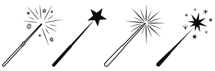 Magic wand icon set with star, wizard stick, magic symbols and fantasy spell tool for apps, websites and vector illustration © CINCIN