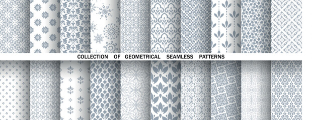 Fototapeta premium Geometric floral set of seamless patterns. White and gray vector backgrounds. Damask graphic ornaments