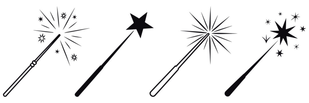 Magic wand icon set with star, wizard stick, magic symbols and fantasy spell tool for apps, websites and vector illustration