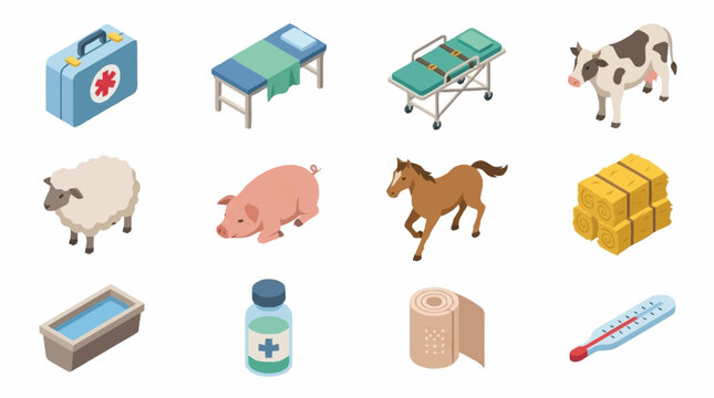 Colorful isometric icons of medical, farm, and industrial items.