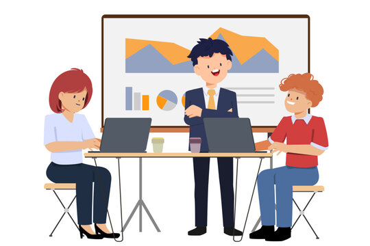 Business people teamwork office character. Colleague working together concept. Flat cartoon character design.