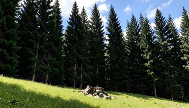 Dense forest of tall dark green fir trees with a sunlit grassy slope
