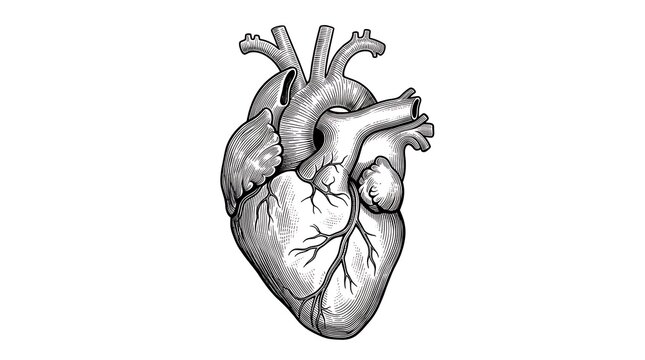 Detailed Anatomical Human Heart Drawing in Vintage Engraving Woodcut Style Isolated on White Background