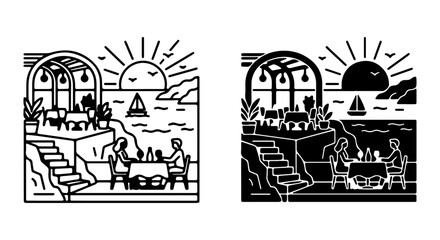 Obraz premium Coastal Restaurant Scene, Romantic Seaside Dining, Sunset Ambiance, Vector Art
