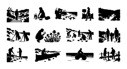 Obraz premium Diverse Outdoor Activities, Silhouette Collection: Nature, Recreation, Exploration, 12 Vector Icons