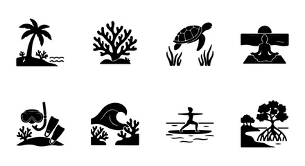 Fototapeta premium Tropical Island & Ocean Icons: Palm Tree, Coral, Turtle, Yoga, Snorkel, Wave, Mangrove