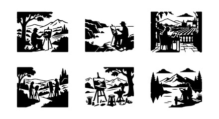 Fototapeta premium Artist Painting Landscapes, Silhouette Scenes, Outdoor Art Creation, Nature Scenery Set
