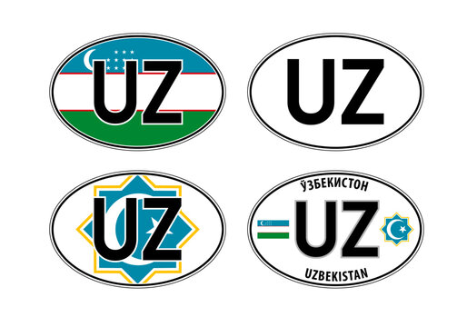 Uzbekistan, oval international vehicle registration code license plate car sticker, vector illustration