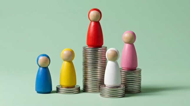 Red wooden figure standing on highest coin stack showing leadership