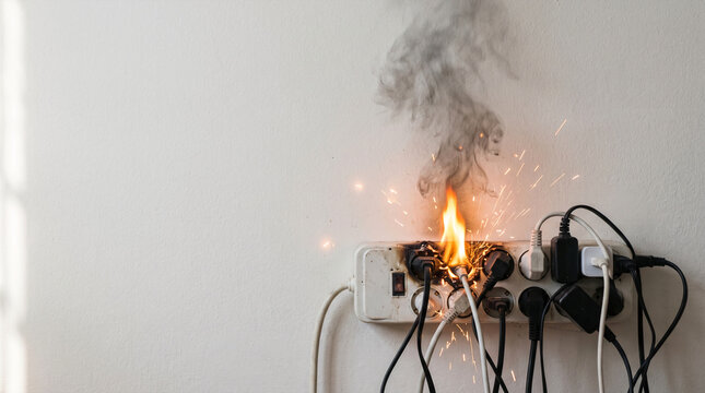 Electrical power strip sparking and burning with smoke from overloaded outlets