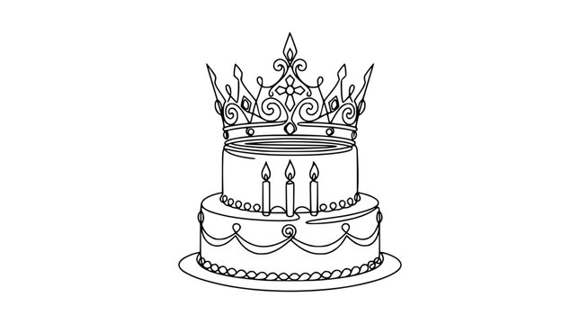Elegant Two-Tiered Cake with Crown and Candles, Minimalist Line Art Illustration