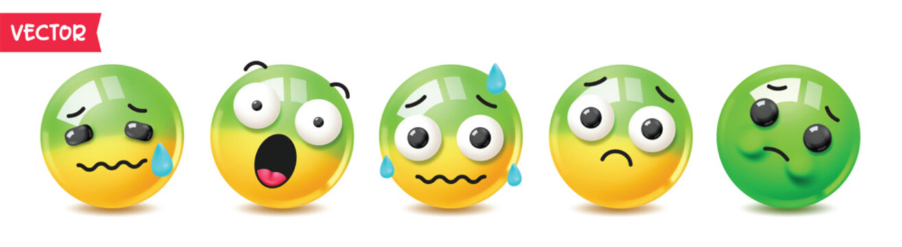 Nauseous emoji clipart 3d character design set. Nausea 3D glossy green and yellow emoticons with sick, shocked, anxious, worried, and queasy facial expressions. Vector illustration. 
