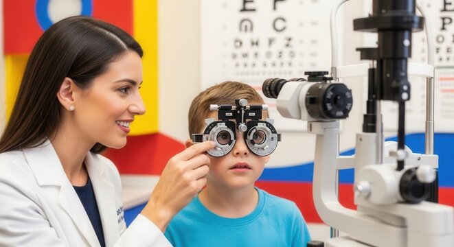 Pediatric eye exam: Optometrist checks young boy's vision using phoropter and eye chart.
