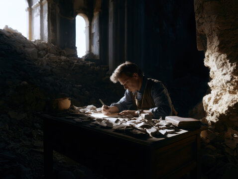 Archaeologist Drawing Ancient Pottery Fragments on Desk in Dark Ruin Premium 35mm Editorial Shot