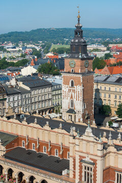 View of cloth hall and town hall tower from st. marys basilica in krakow